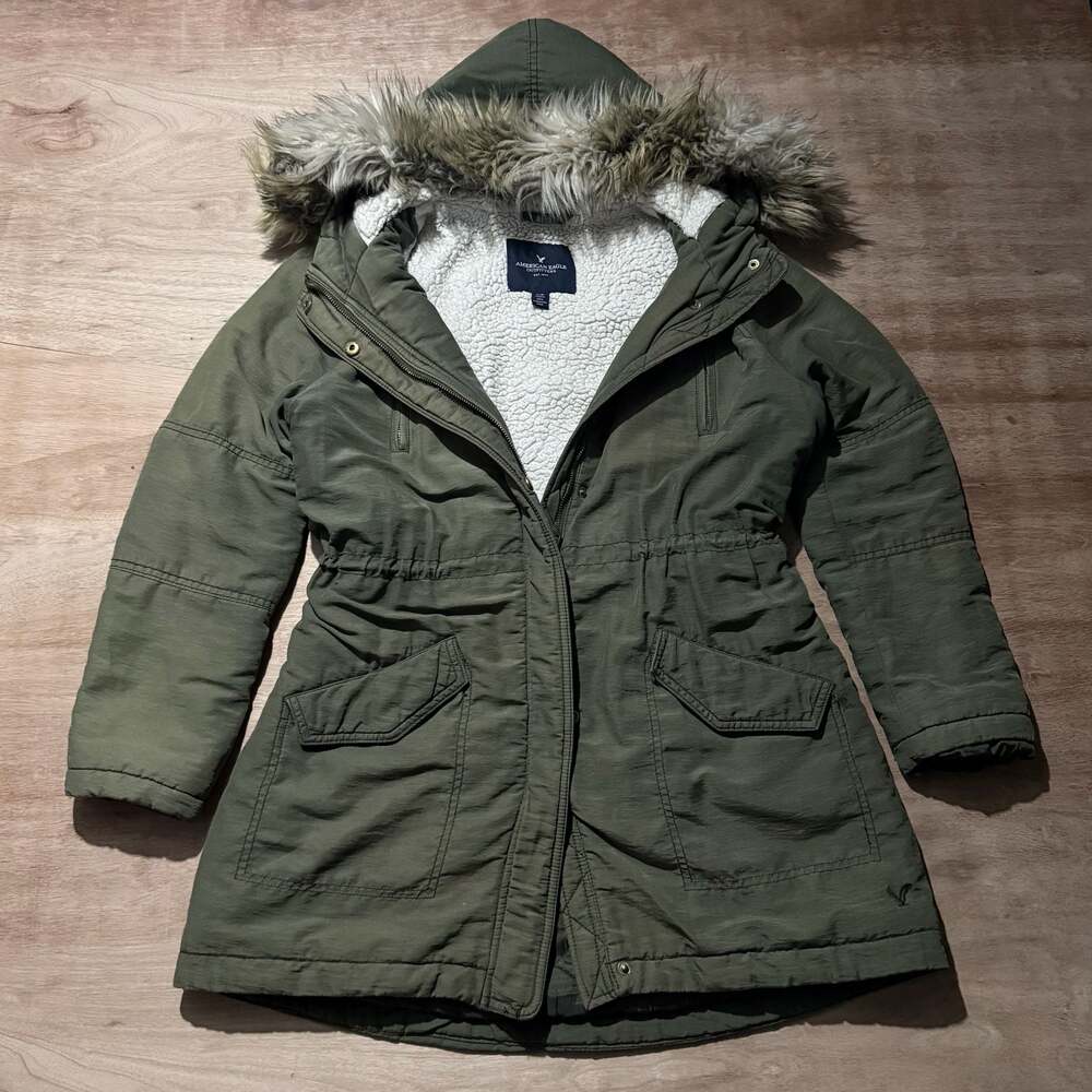 American Eagle Womens Olive Green Y2K Faux Fur Hood Sherpa Lined Parka Jacket